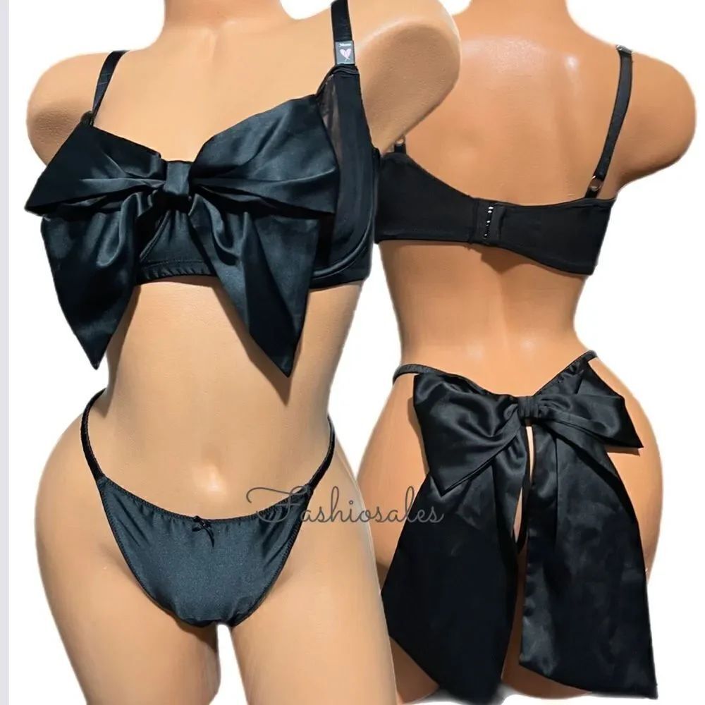 Victorias Secret LUXE Satin Embellished Bow Set Dream Angels Push Up Bra & Thong